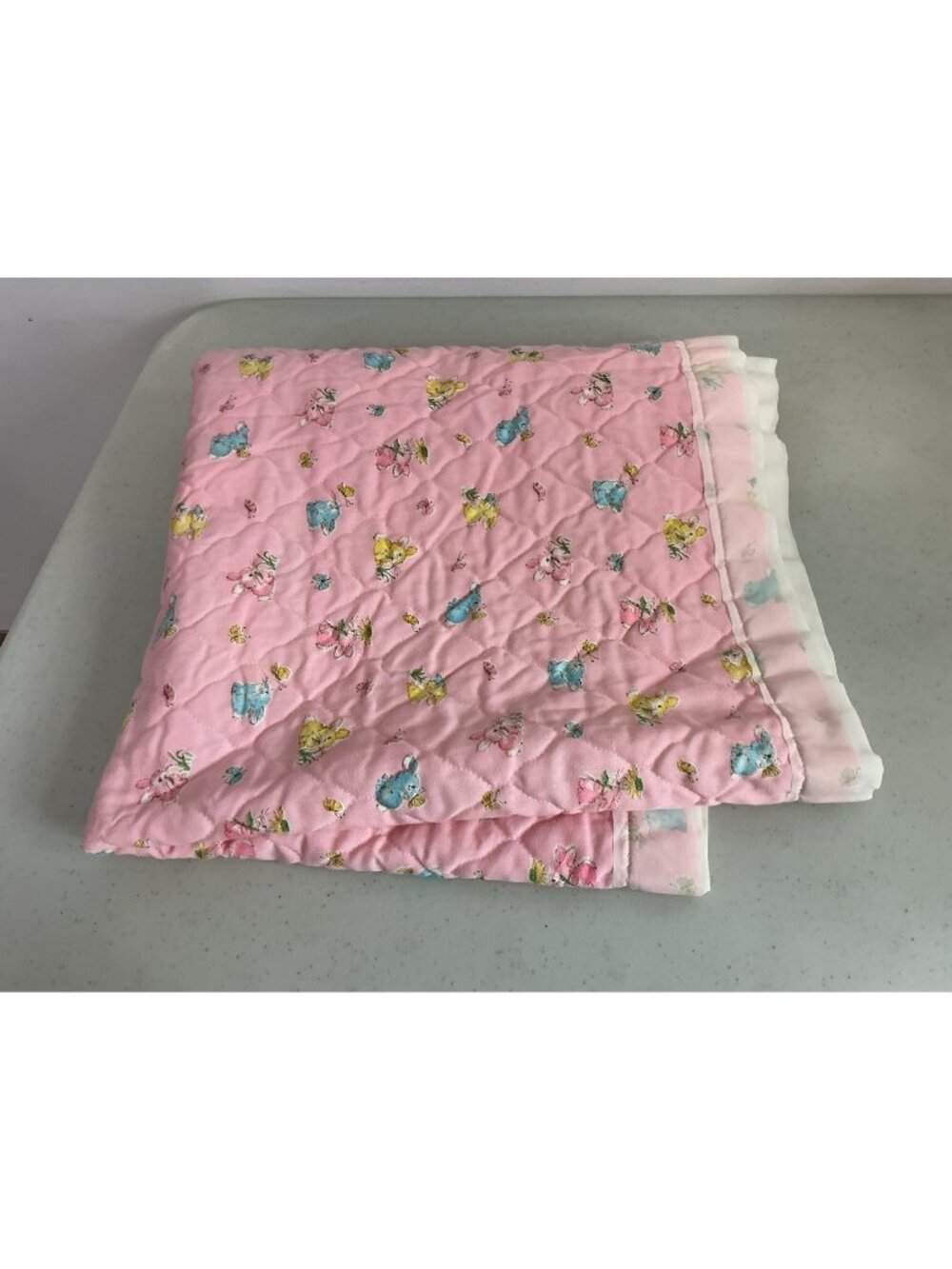 Vintage Pink Bunny Baby Blanket Quilted Made In USA
